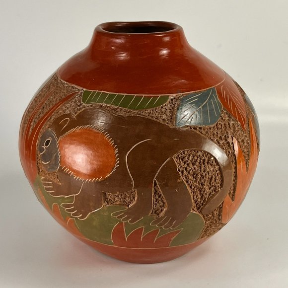 Nicaragua Monkey Vase Clay Pottery Carved Incised Folk Art Rustic 5" - Picture 2 of 16